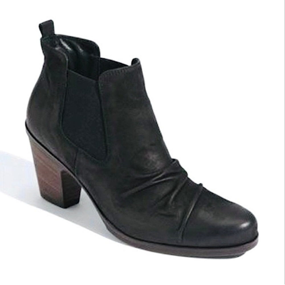 Paul Green Juno Distressed Leather Heel Ankle Boots Sz 9 Black Ruched